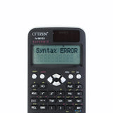 Black scientific calculator with 'Syntax Error' displayed on the screen, brand 'Citizen' visible.