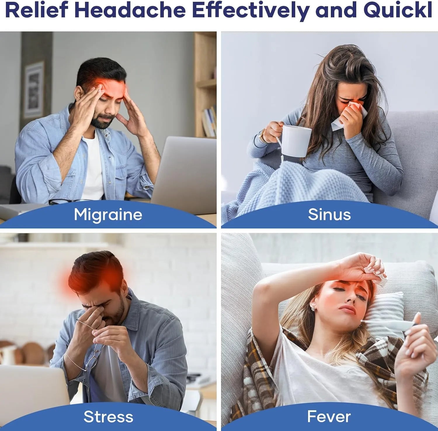 Four scenarios showing people with different types of headaches and illnesses, labeled Migraine, Sinus, Stress, and Fever.