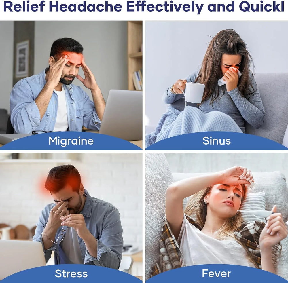 Four scenarios showing people with different types of headaches and illnesses, labeled Migraine, Sinus, Stress, and Fever.