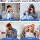 Four scenarios showing people with different types of headaches and illnesses, labeled Migraine, Sinus, Stress, and Fever.