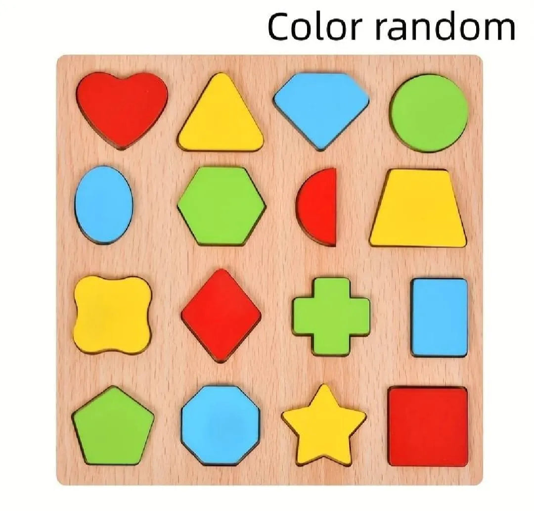 Wooden shape sorting puzzle with colorful geometric shapes on a white background