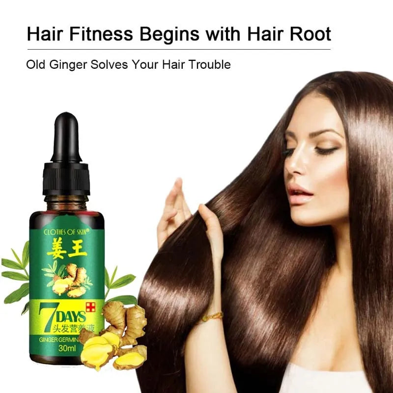 Bottle of 7 Days Ginger Hair Growth Serum with a woman touching her hair, set against a white background.