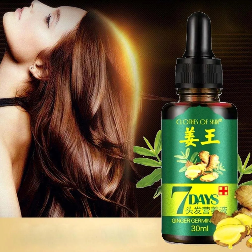 Bottle of '7 Days' ginger hair nourishing oil with a woman with long brown hair on a dark background
