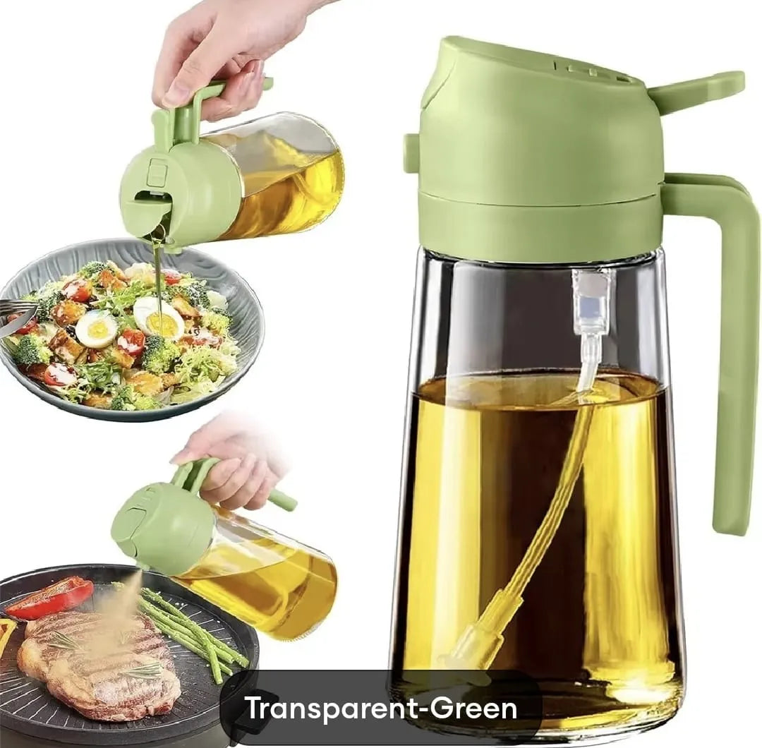 Green oil dispenser with a clear container filled with oil, used for cooking.