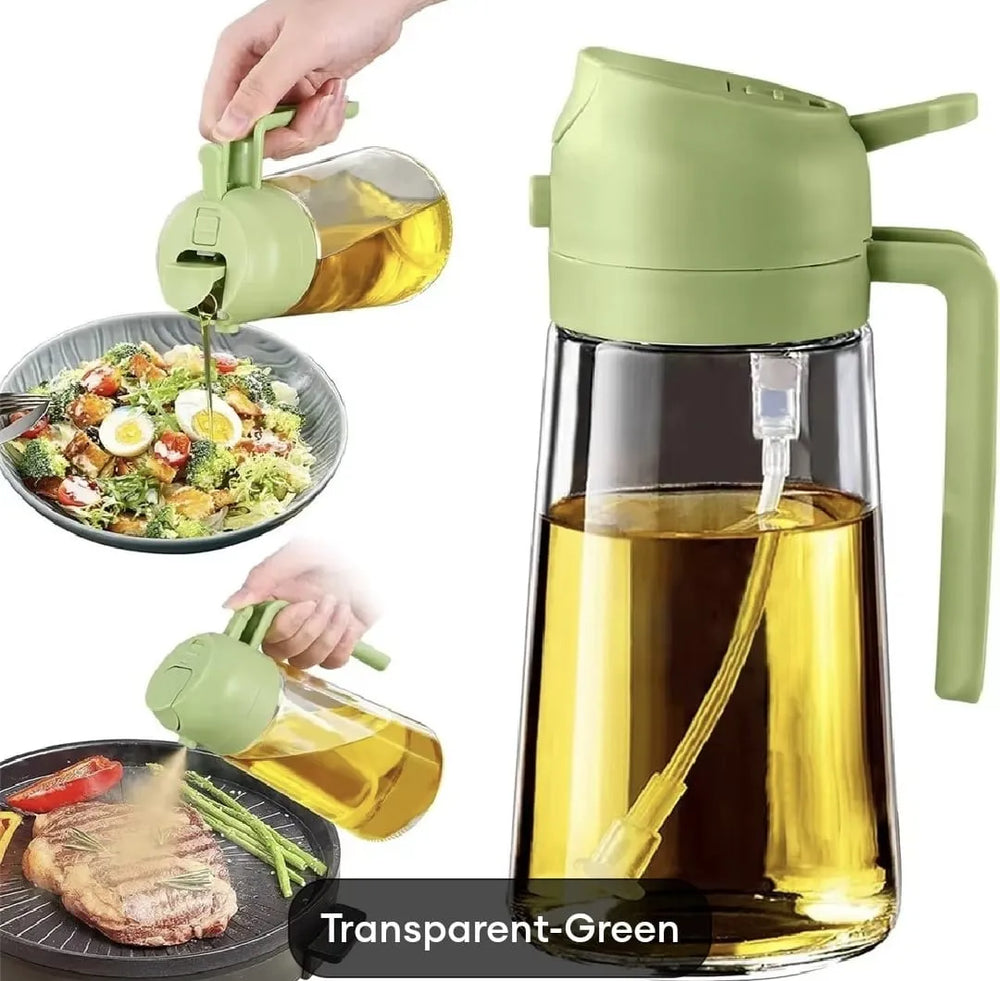 Green oil dispenser with a clear container filled with oil, used for cooking.