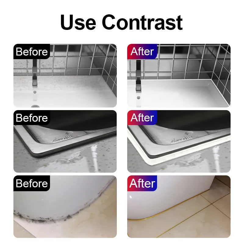 Before and after cleaning images of a sink and tiled floor.