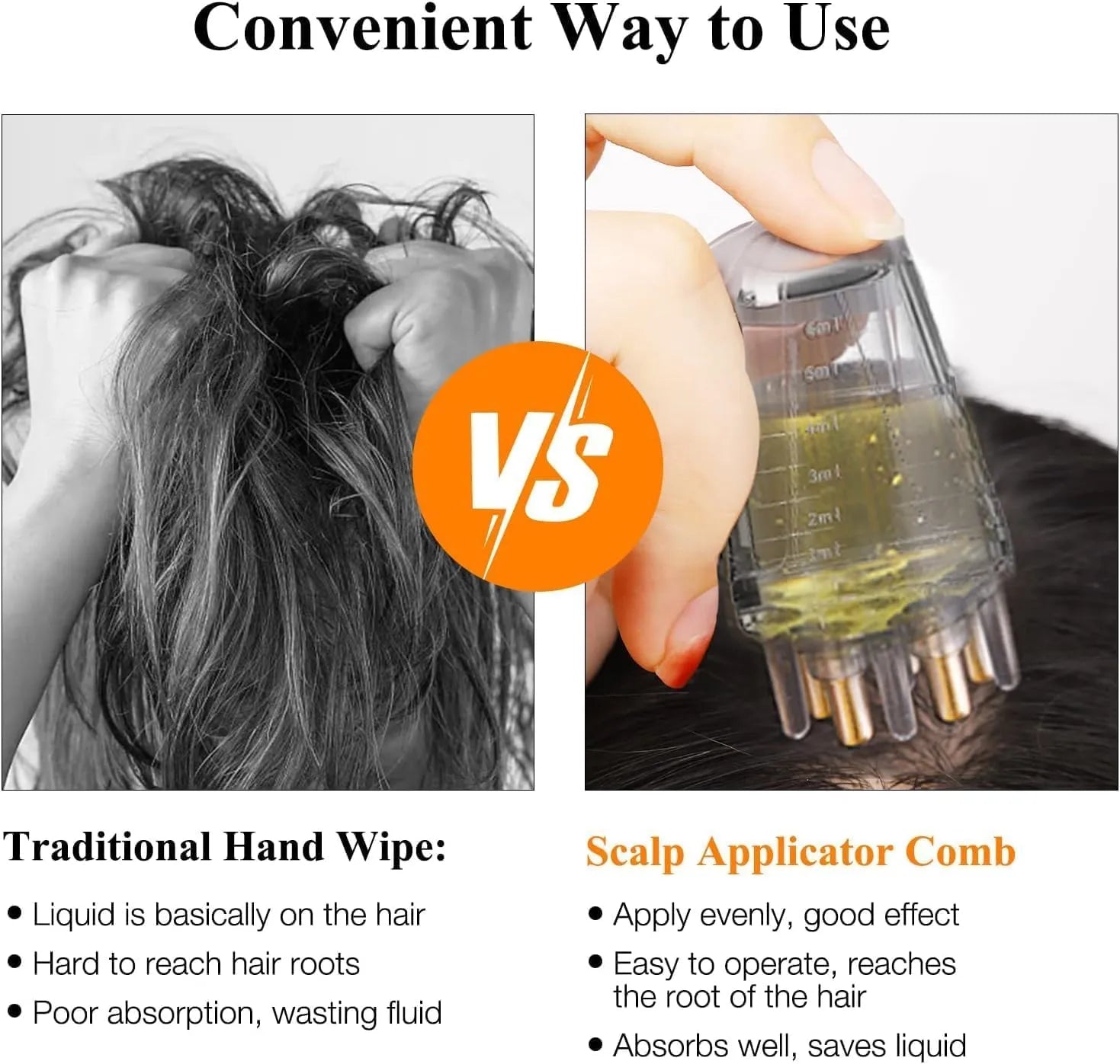 Comparison of traditional hand wipe and scalp applicator comb for hair care.