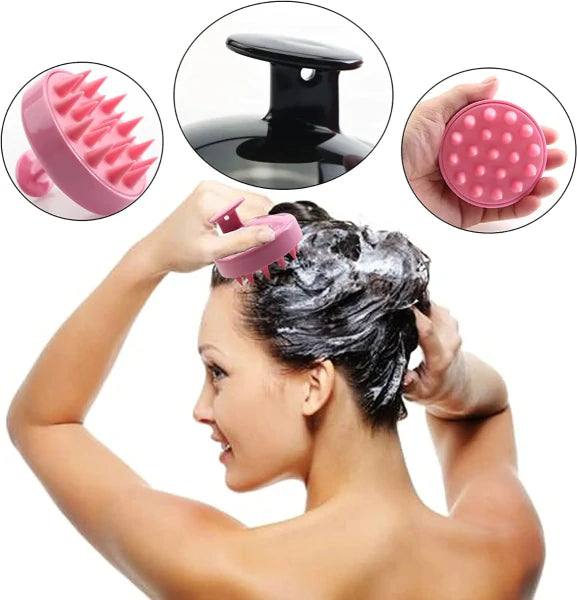Woman using a pink scalp massager with close-up insets showing different parts of the tool.