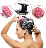 Woman using a pink scalp massager with close-up insets showing different parts of the tool.