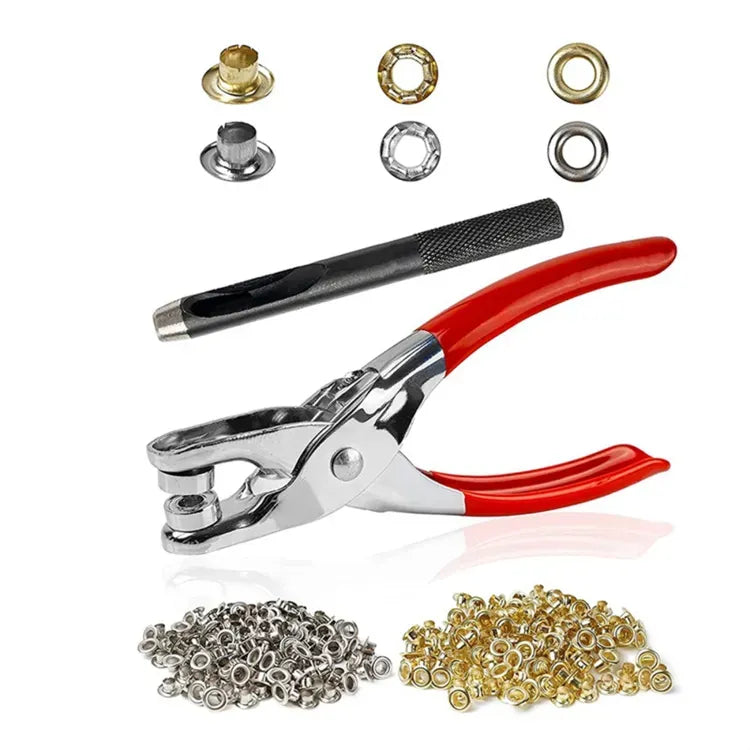 Grommet tool with red handles and grommets on a white background
