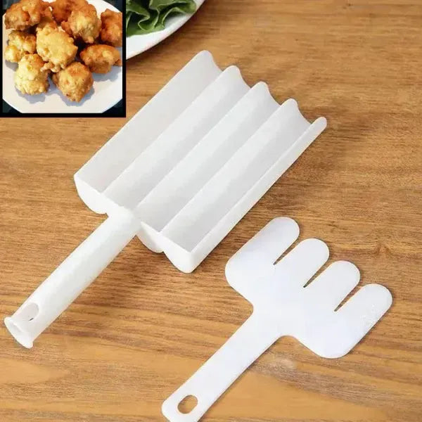 White plastic mold on a wooden surface with a close-up inset of fried food.