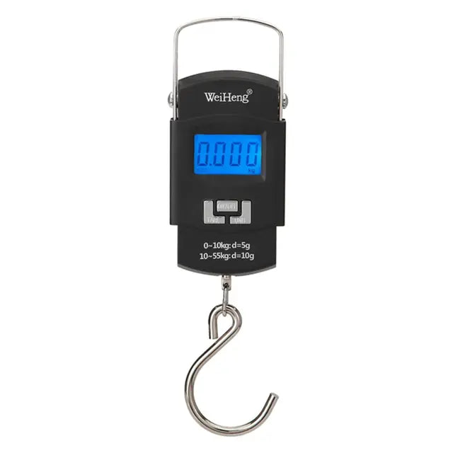 Digital hanging scale with a blue display on a white background