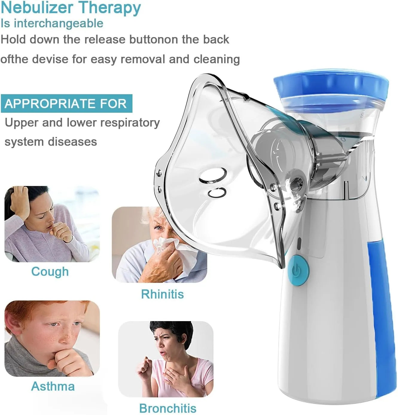 Nebulizer device with text on its uses and features, including images of people with respiratory issues.