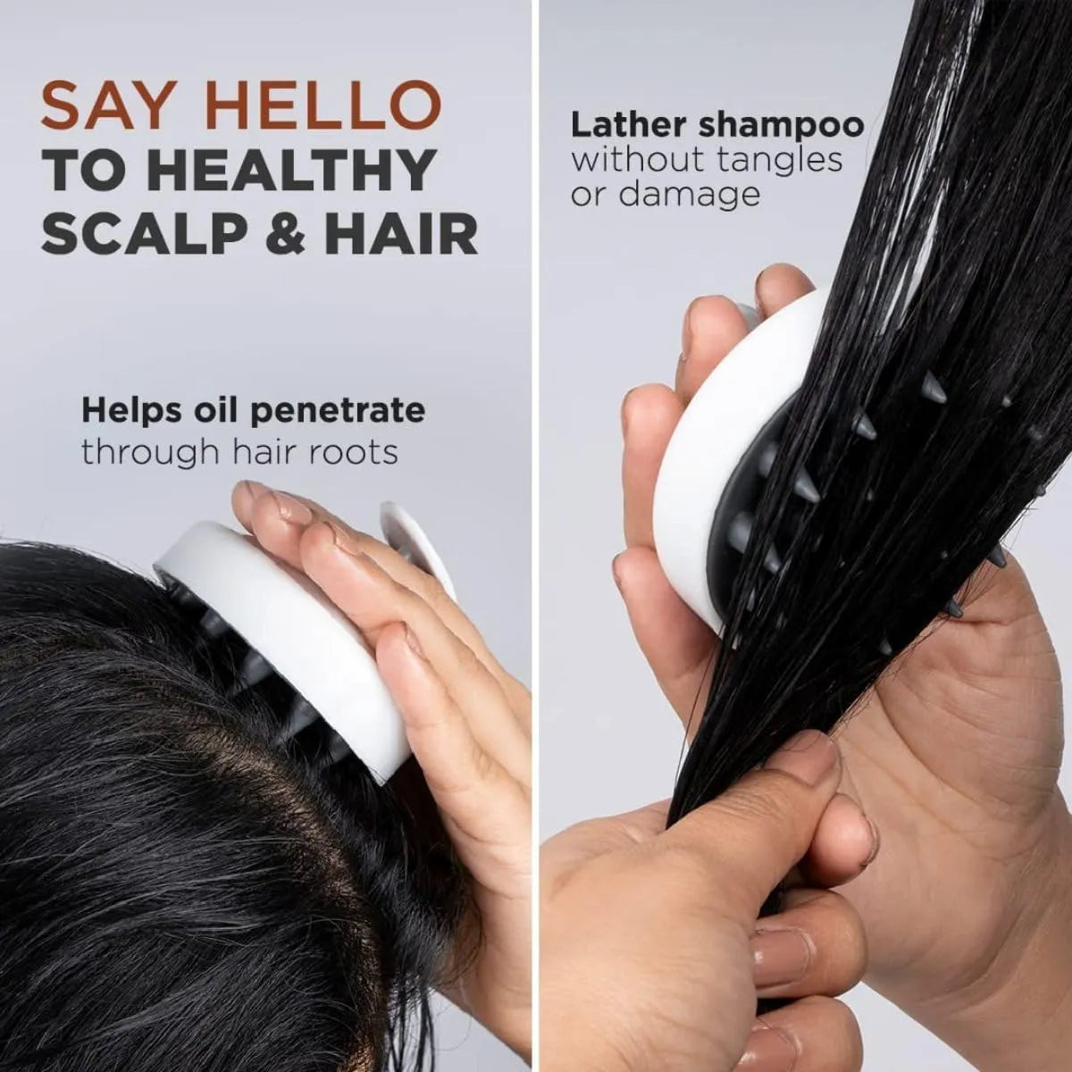 Person using a scalp massager with text about healthy scalp and hair care.