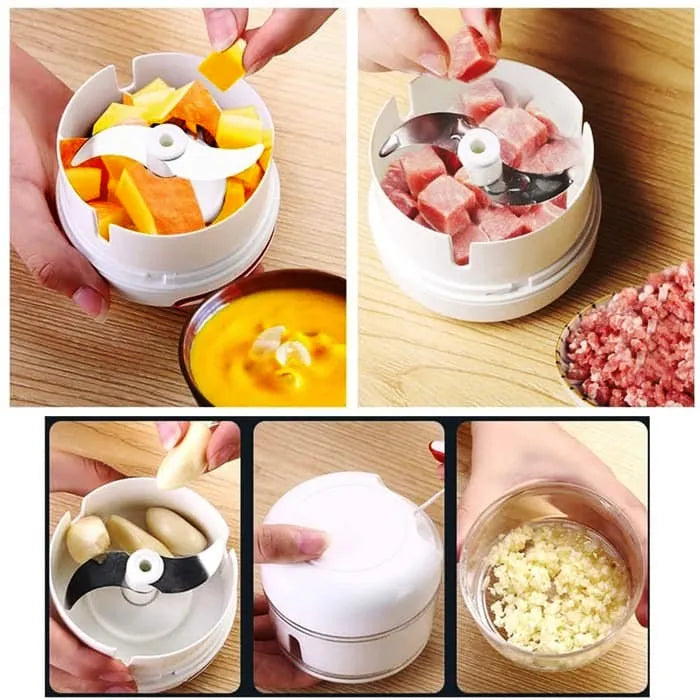 Handheld vegetable chopper and mincer for chopping onions, garlic, herbs, and fresh ingredients.