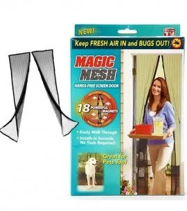 Magic Mesh screen door with packaging featuring a woman and dog.