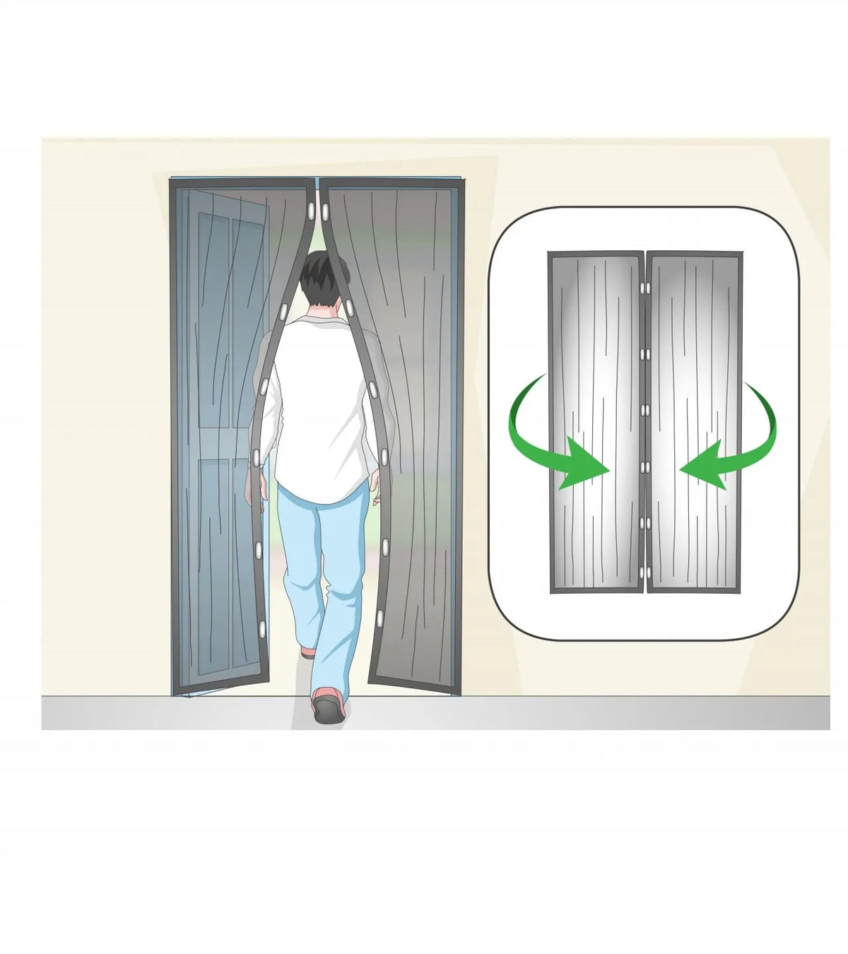 Instructional diagram showing a person walking through a pair of magnetic door panels, with a callout inset illustrating the doors swinging inward.