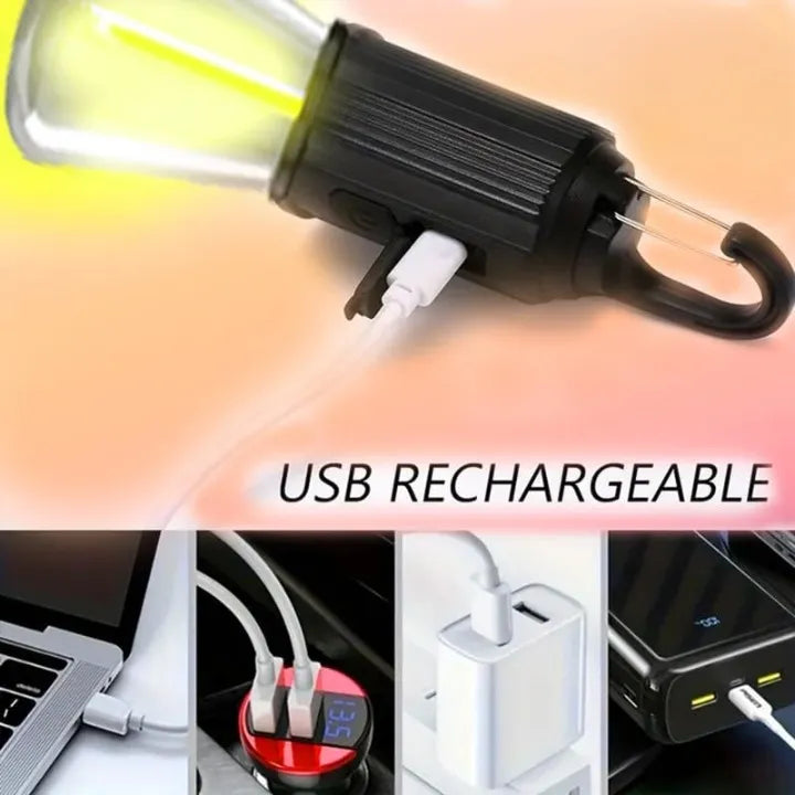 Hanging LED camping lantern with a sturdy hook for tents, patios, and emergency lighting.