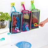 Three mesh storage bags hanging on hooks with colorful toys inside, on a white background.