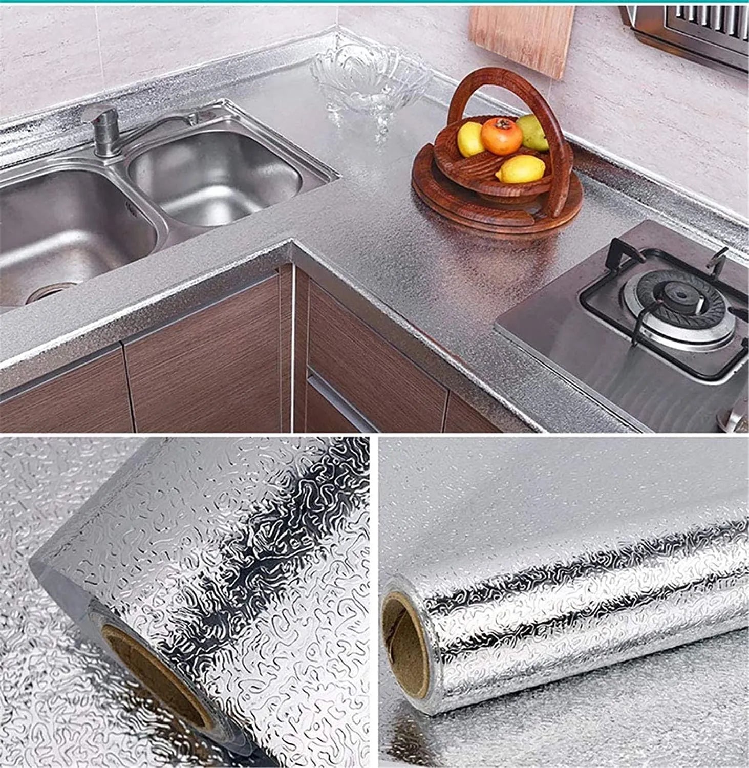 Heat-resistant aluminum foil wall sticker for use behind stoves, sinks, and kitchen workspaces.