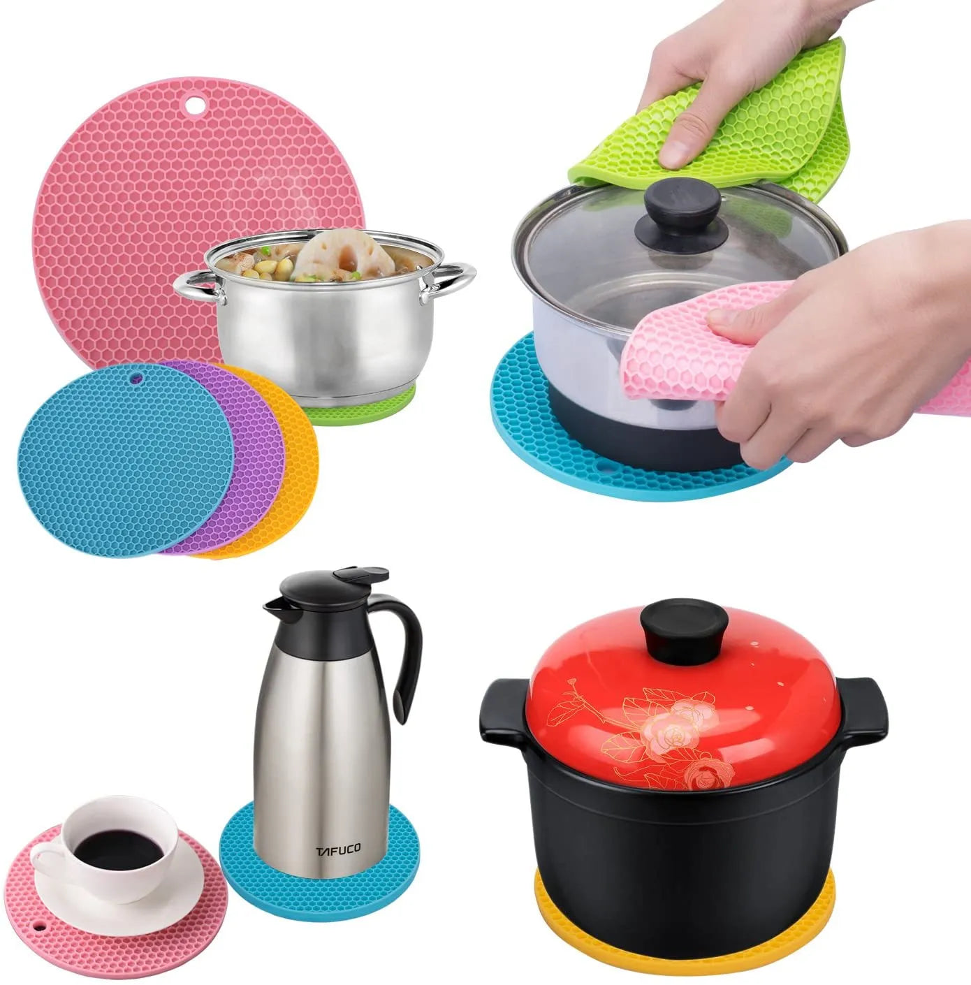Heatproof silicone trivet mat for placing hot pots, pans, and baking dishes safely.