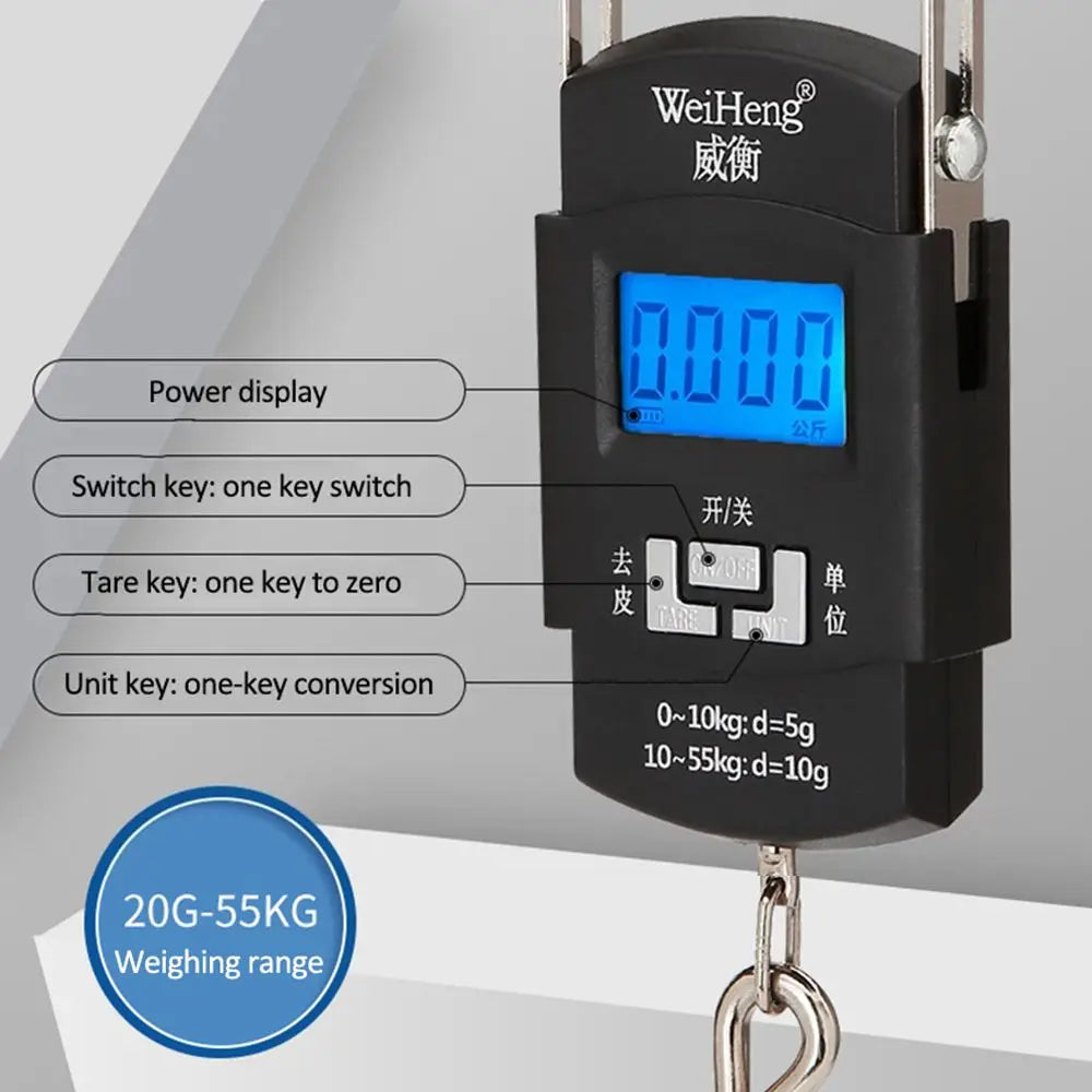 Digital hanging scale with blue display and text on a gray background