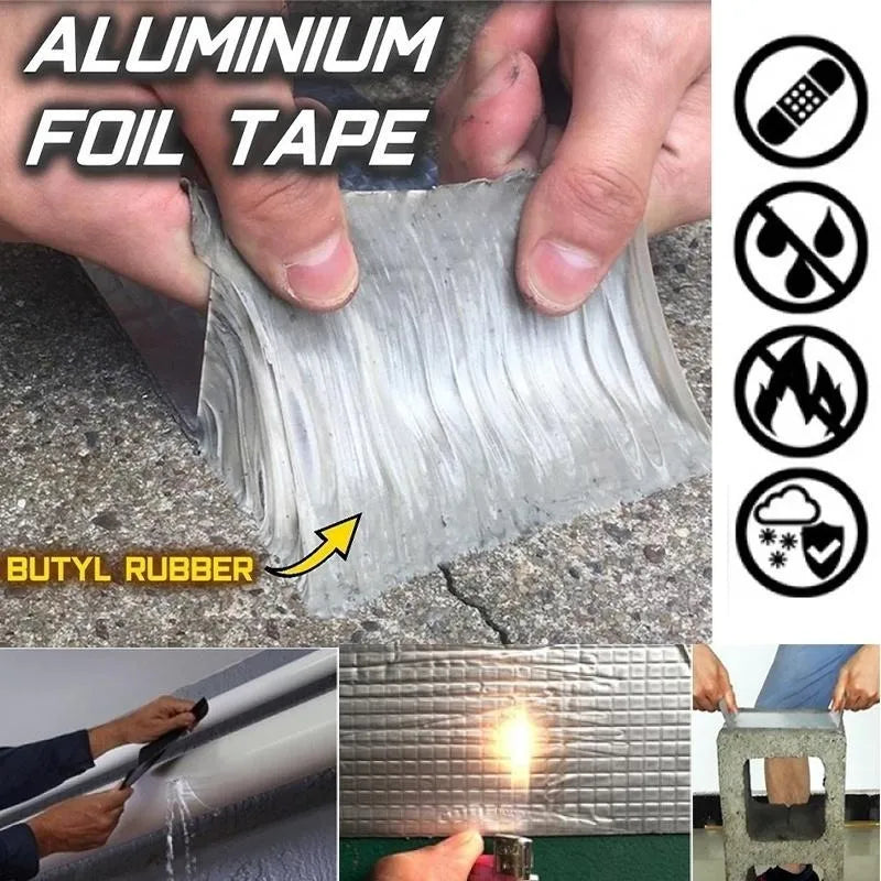 Aluminium foil tape being applied withButyl rubber, surrounded by icons and usage examples.
