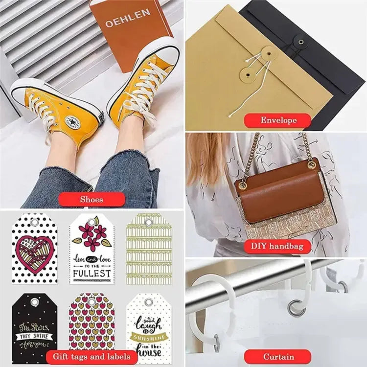 Collage of various products including shoes, envelopes, a DIY handbag, gift tags, and a curtain.