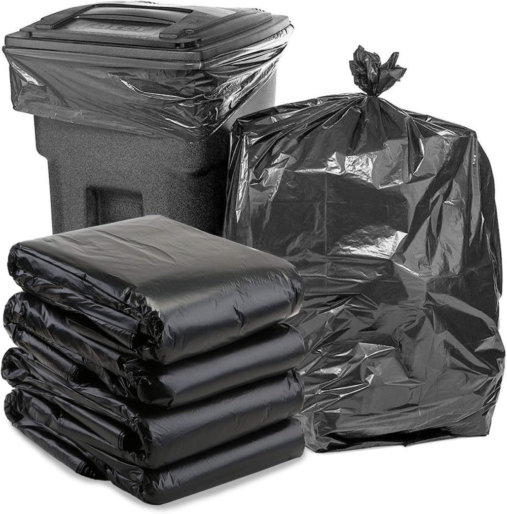 Black trash bags in various quantities with a trash bin on a white background