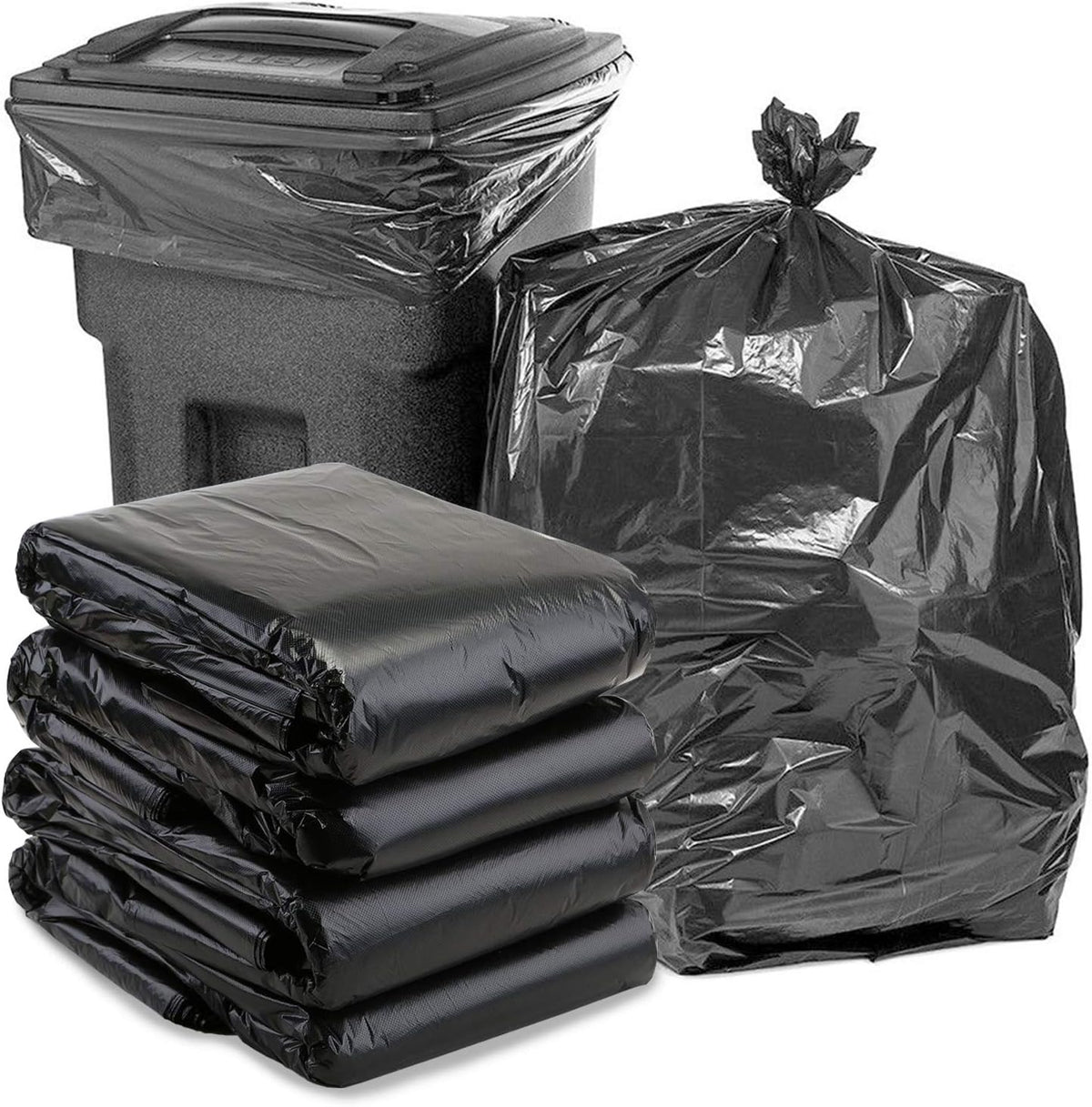 Black trash bags in various quantities with a trash bin on a white background