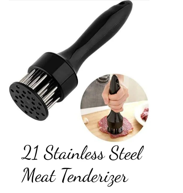 Heavy-duty stainless steel meat tenderizer for preparing steaks, poultry, and other cuts of meat.