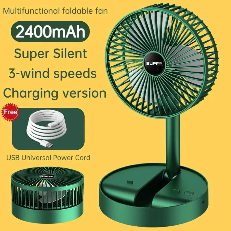 Multifunctional foldable fan with 2400mAh battery, 3-wind speeds, and USB charging cable on a yellow background.