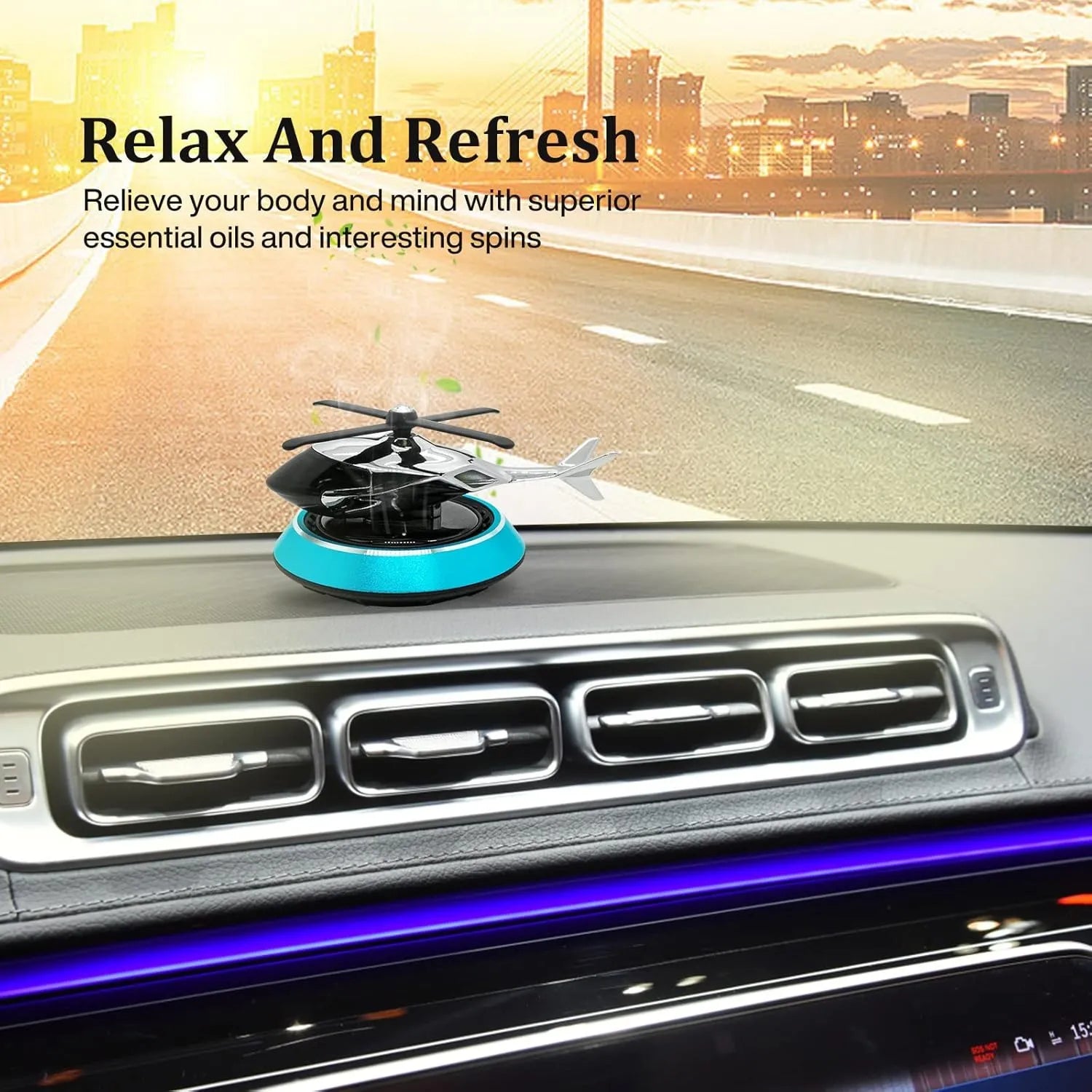Car dashboard with a small helicopter-shaped device and cityscape background