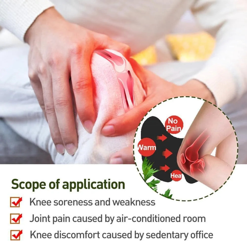Person holding a painful knee with a close-up of a heating pad and text about its applications.