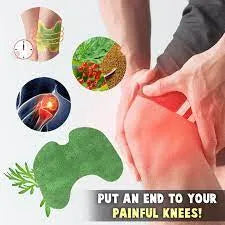 Product advertisement for knee pain relief patches with images of a knee, plant, and person applying the patch.
