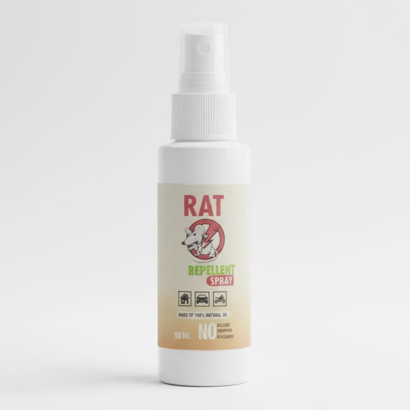 A white plastic spray bottle of RAT Repellent Spray with a beige label, shown against a plain light gray background.