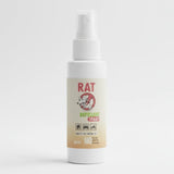 A white plastic spray bottle of RAT Repellent Spray with a beige label, shown against a plain light gray background.