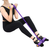 Person using a purple resistance band for exercise on a white background