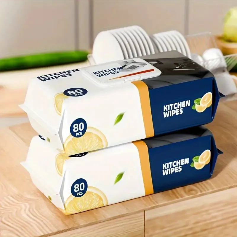 Household kitchen cleaning wipes with 80 disposable sheets for quick and easy daily cleaning tasks.