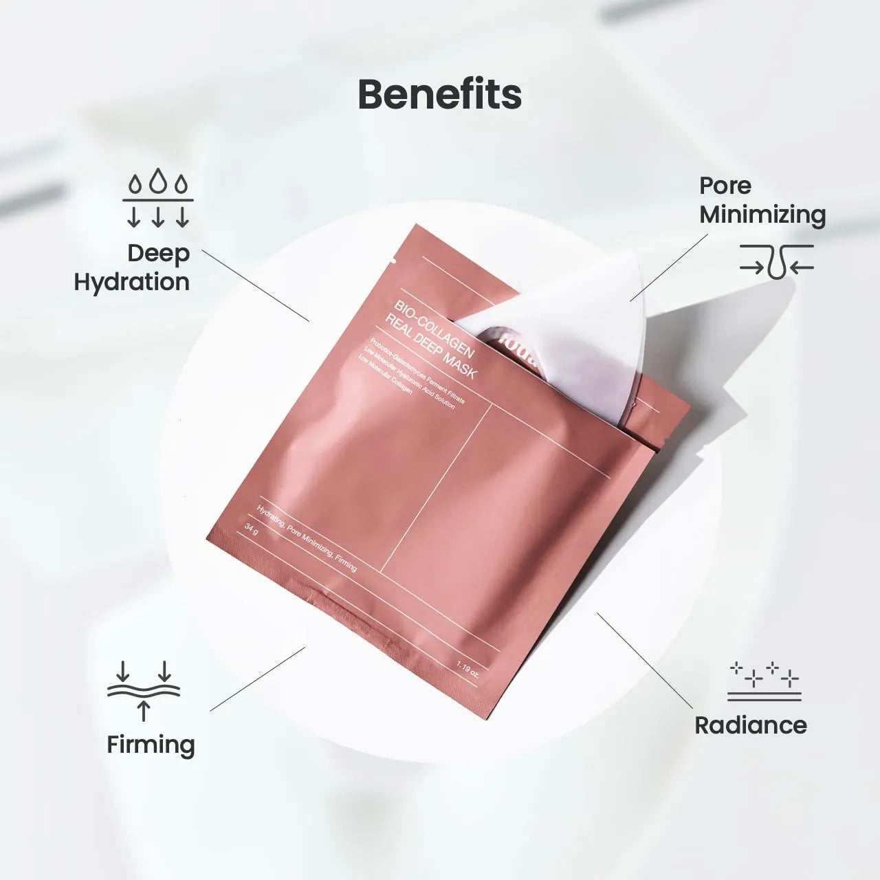 Skincare mask packaging with benefits listed on a white background