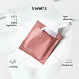 Skincare mask packaging with benefits listed on a white background