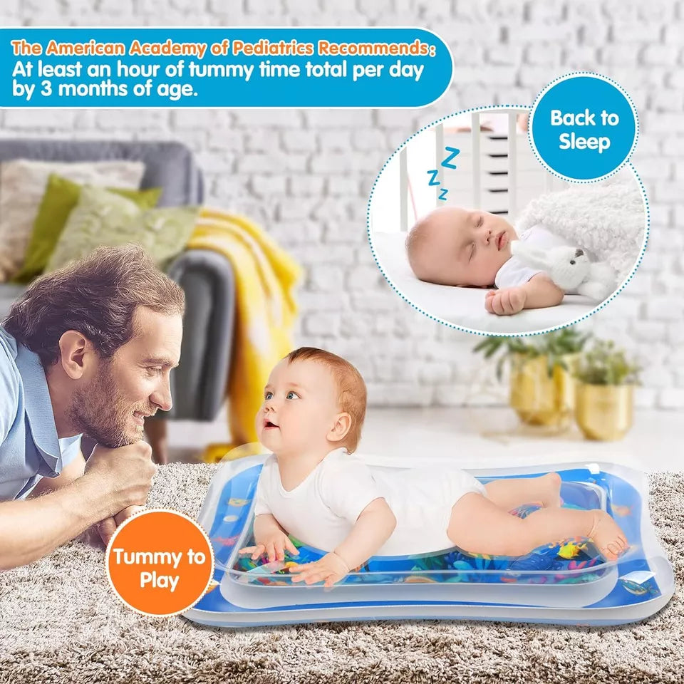 Baby playing on a tummy time mat with a man, surrounded by text about tummy time benefits.