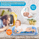 Baby playing on a tummy time mat with a man, surrounded by text about tummy time benefits.