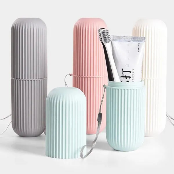 Inflatable neck pillow travel set with a toothbrush holder for comfortable and hygienic travel.