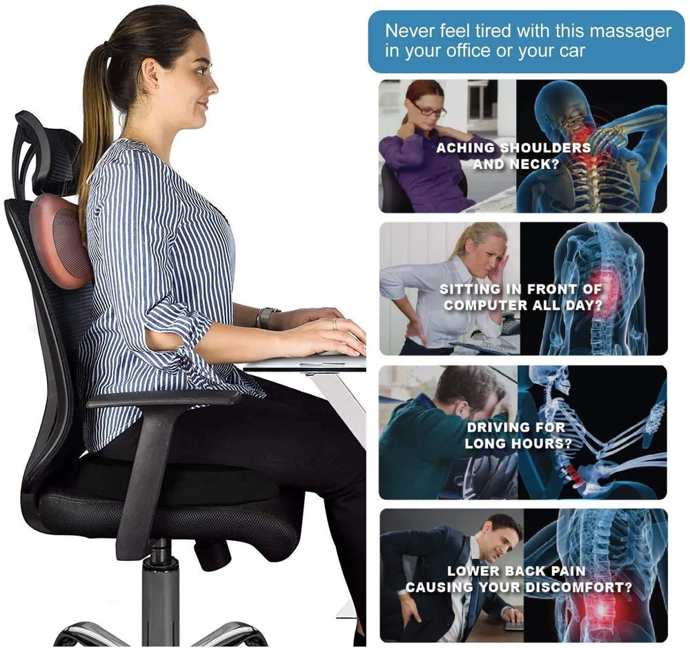 Person using a massage chair with images and text highlighting its benefits for various discomforts.