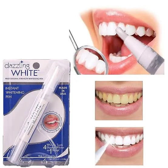 Dazzling White teeth whitening pen with packaging and before-and-after images of teeth.
