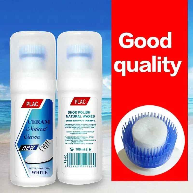 Two bottles of PLAC shoe polish with a beach background and 'Good quality' text.