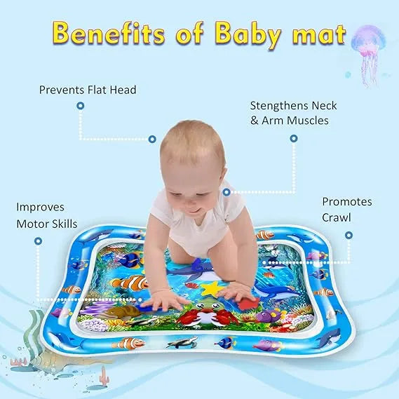 Baby playing on an inflatable water mat with text highlighting benefits