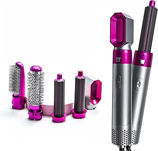 Hair styling tool with interchangeable attachments on a white background