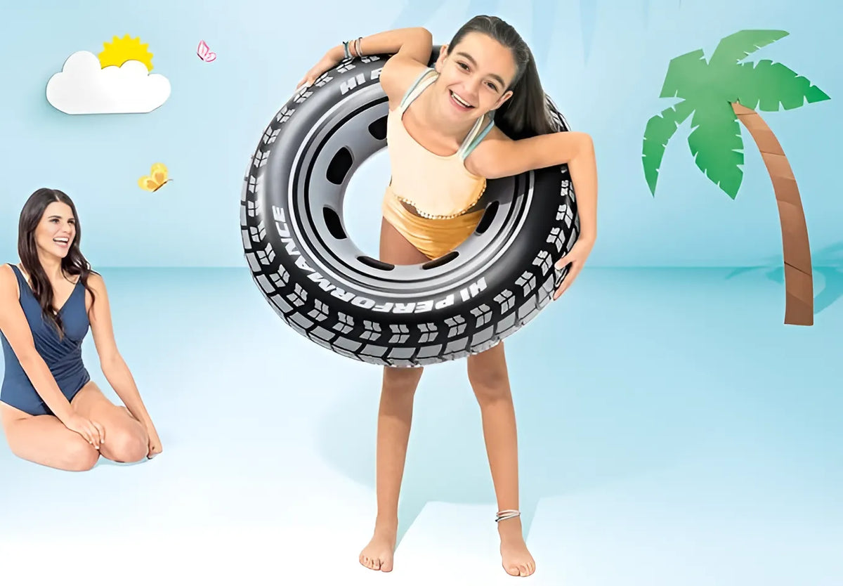 Intex 36-inch giant tire swimming pool ring for fun, floating, and relaxing in the water.